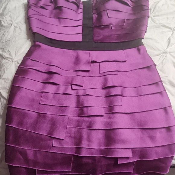 Bebe Layered Satin Bodycon Cocktail Lucca Strips Purple Sheath Dress Size Small - Picture 10 of 12